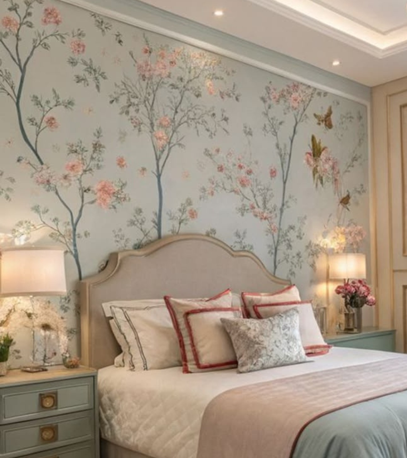 Pale blue chinoiserie blossom mural behind a bed